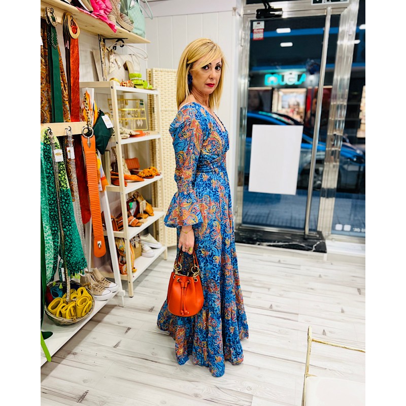 VESTIDO SEDA CON MANGA FAROL HASTA LA 44 TONOS AZUL Y NARANJA